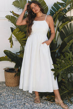 Beige Stripe Spaghetti Strap Pocketed High Waist Maxi Dress - MarkoFit