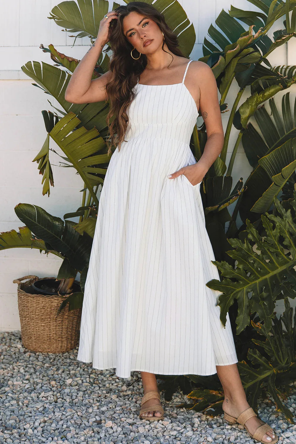Beige Stripe Spaghetti Strap Pocketed High Waist Maxi Dress - MarkoFit