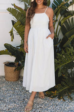 Beige Stripe Spaghetti Strap Pocketed High Waist Maxi Dress - MarkoFit