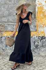 Black V Neck Flutter Sleeve Smocked Bodice High Waist Ruffle Maxi Dress - MarkoFit