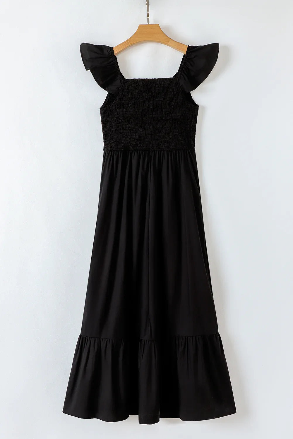 Black V Neck Flutter Sleeve Smocked Bodice High Waist Ruffle Maxi Dress - MarkoFit