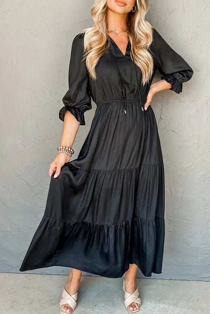 Black Flounced Bracelet Sleeve V Neck Tiered Maxi Dress - MarkoFit