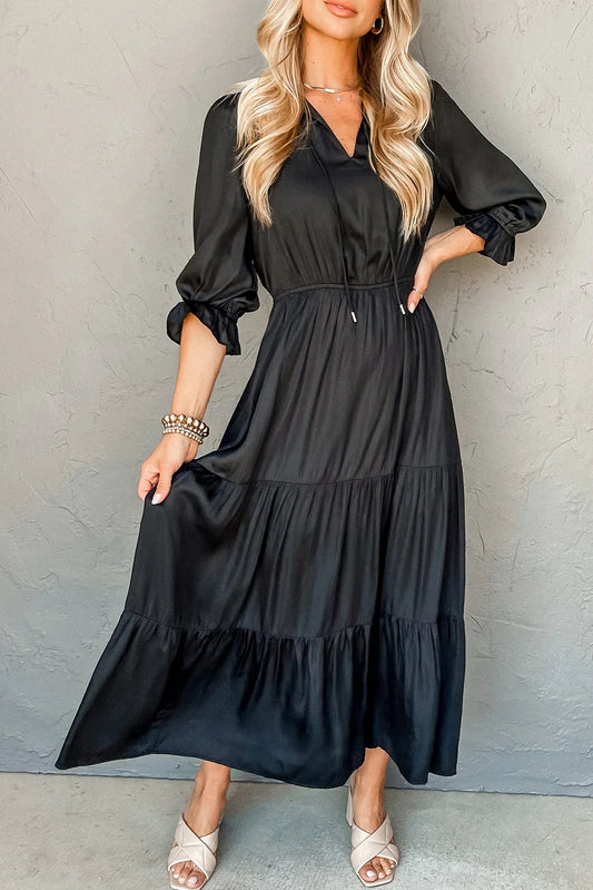 Black Flounced Bracelet Sleeve V Neck Tiered Maxi Dress - MarkoFit