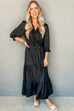Black Flounced Bracelet Sleeve V Neck Tiered Maxi Dress - MarkoFit