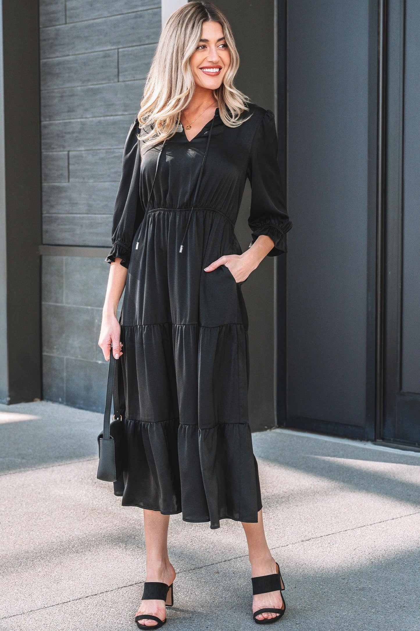 Black Flounced Bracelet Sleeve V Neck Tiered Maxi Dress - MarkoFit