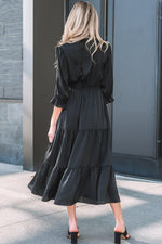 Black Flounced Bracelet Sleeve V Neck Tiered Maxi Dress - MarkoFit