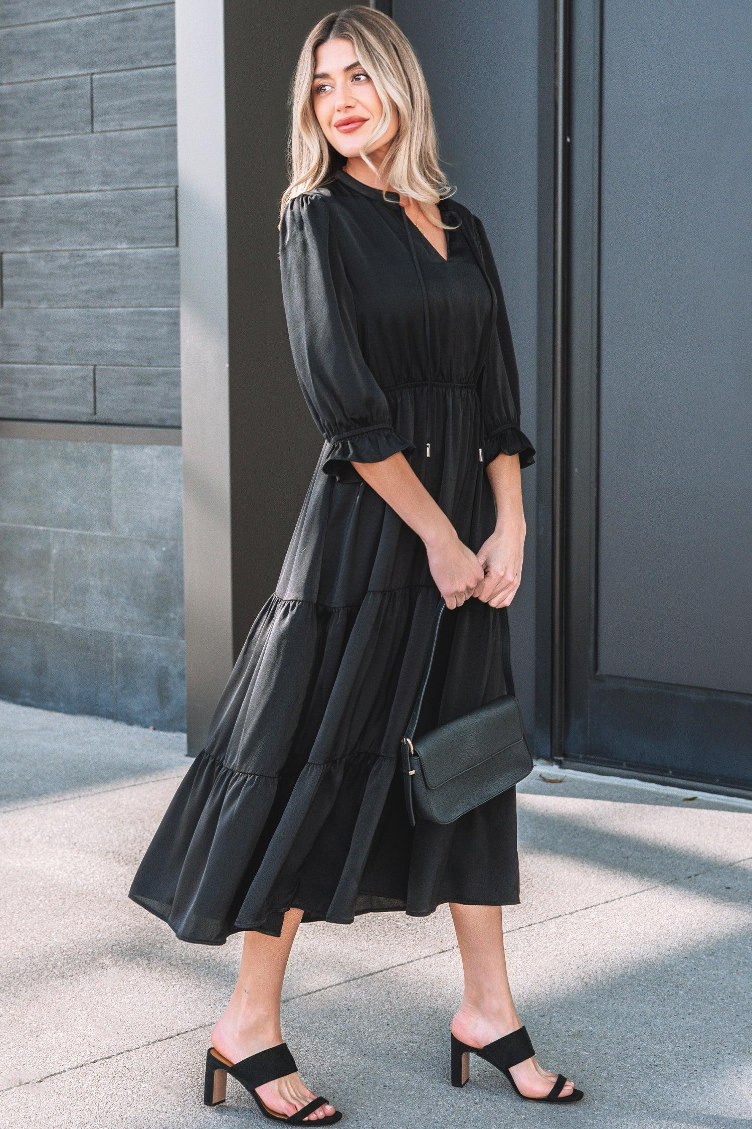 Black Flounced Bracelet Sleeve V Neck Tiered Maxi Dress - MarkoFit