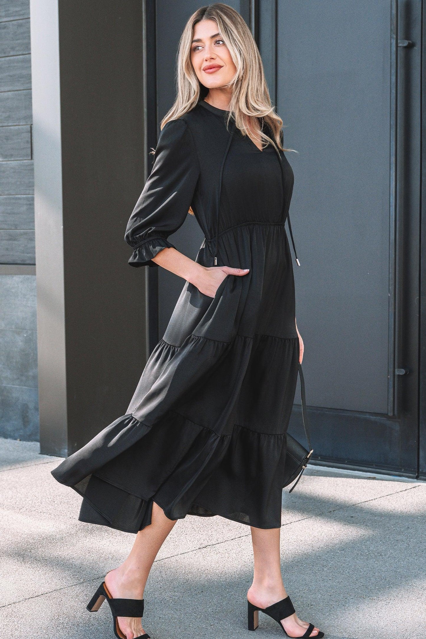 Black Flounced Bracelet Sleeve V Neck Tiered Maxi Dress - MarkoFit