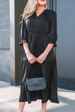 Black Flounced Bracelet Sleeve V Neck Tiered Maxi Dress - MarkoFit