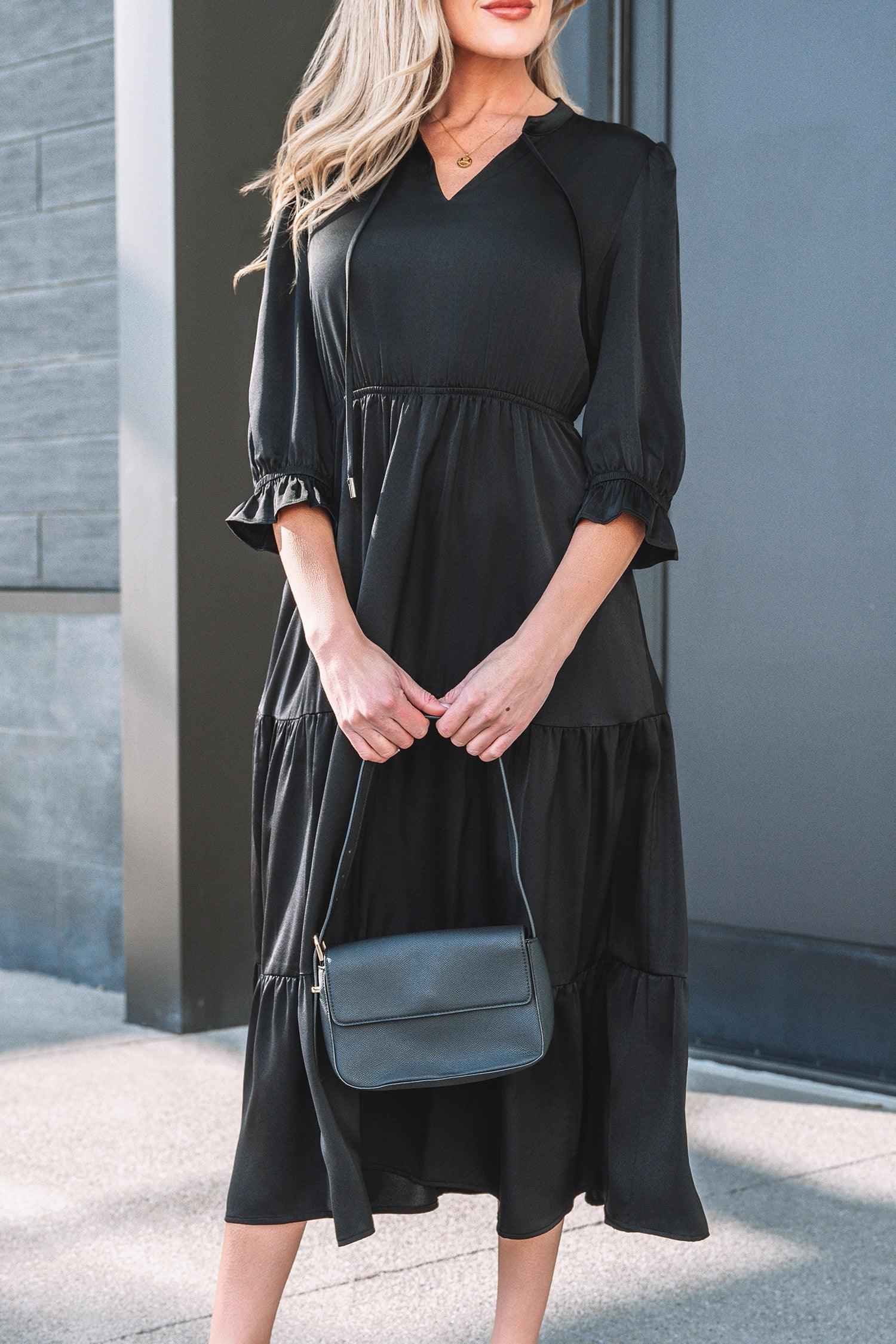 Black Flounced Bracelet Sleeve V Neck Tiered Maxi Dress - MarkoFit