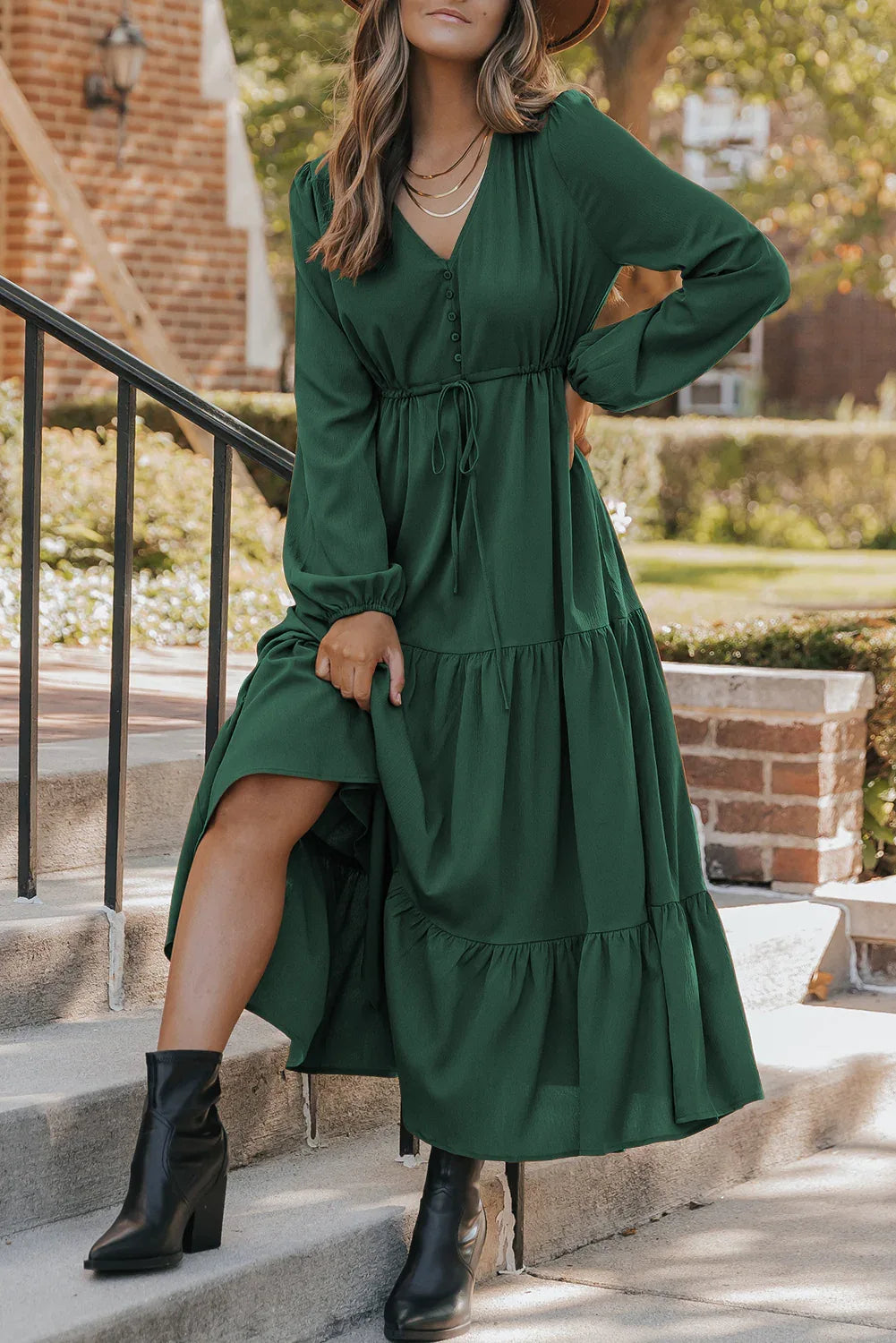 Blackish Green Solid Long Sleeve Button V Neck Tiered Maxi Dress - MarkoFit