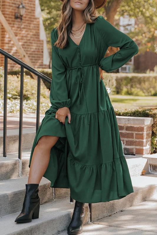 Blackish Green Solid Long Sleeve Button V Neck Tiered Maxi Dress - MarkoFit