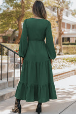 Blackish Green Solid Long Sleeve Button V Neck Tiered Maxi Dress - MarkoFit