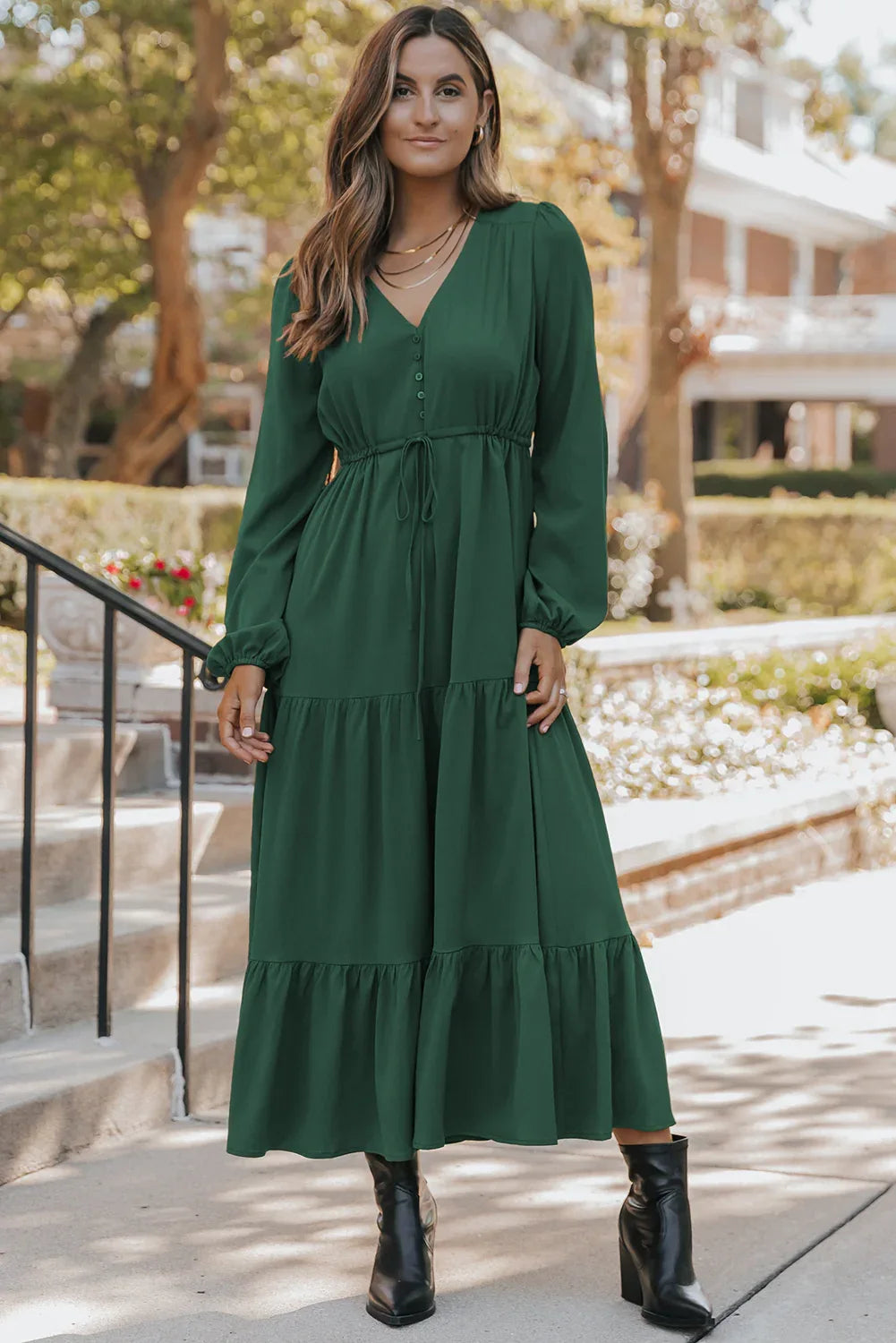 Blackish Green Solid Long Sleeve Button V Neck Tiered Maxi Dress - MarkoFit