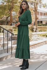 Blackish Green Solid Long Sleeve Button V Neck Tiered Maxi Dress - MarkoFit