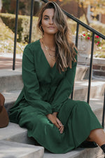 Blackish Green Solid Long Sleeve Button V Neck Tiered Maxi Dress - MarkoFit