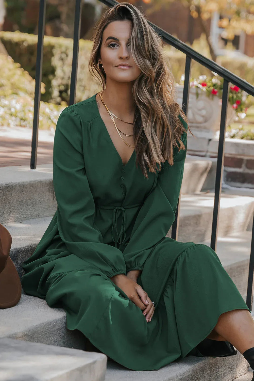Blackish Green Solid Long Sleeve Button V Neck Tiered Maxi Dress - MarkoFit
