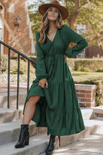 Blackish Green Solid Long Sleeve Button V Neck Tiered Maxi Dress - MarkoFit