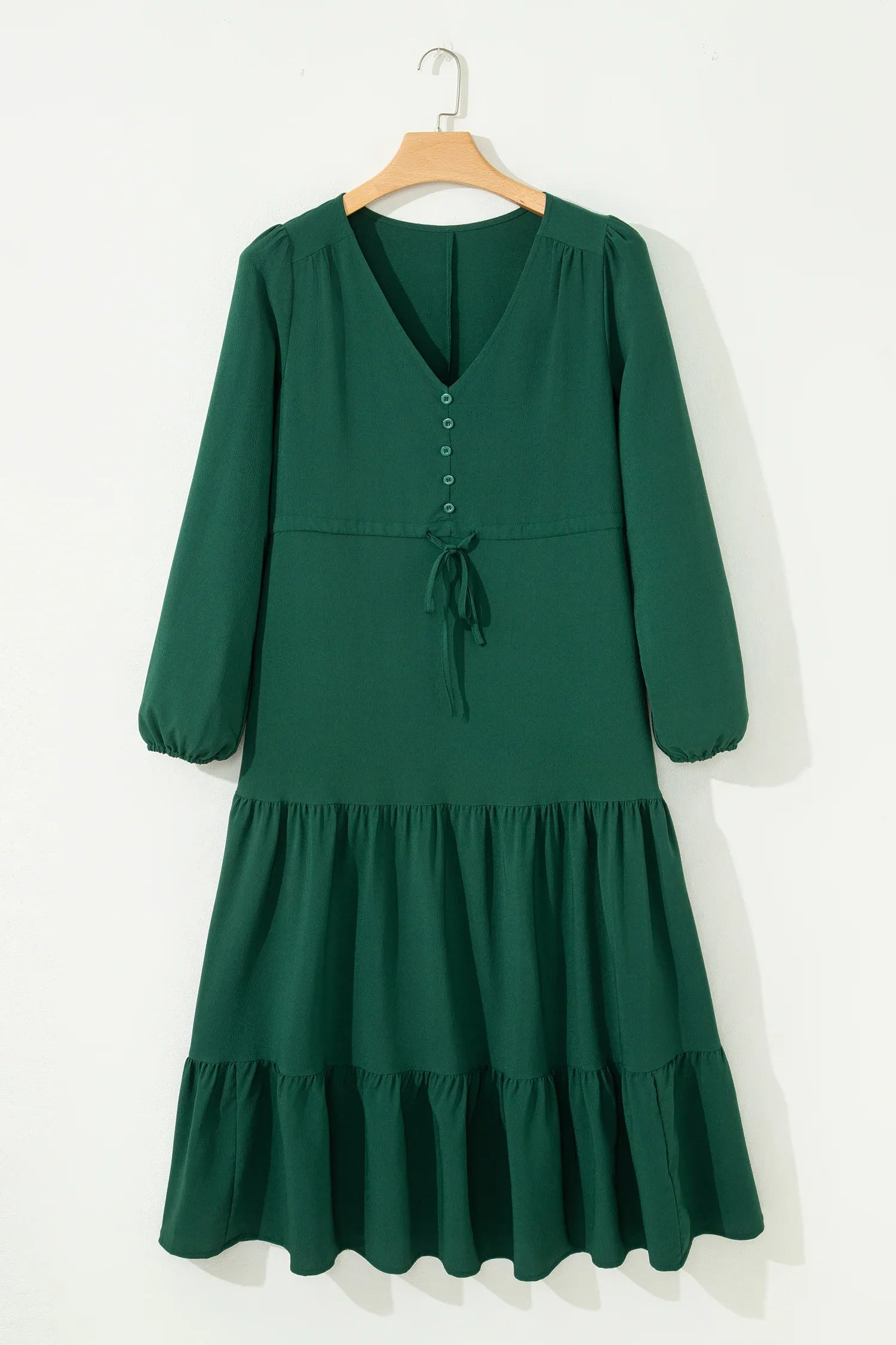 Blackish Green Solid Long Sleeve Button V Neck Tiered Maxi Dress - MarkoFit
