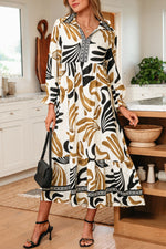 Brown Tropical Printed Contrast Trim Neck Long Sleeve Ruffle Hem Dress - MarkoFit