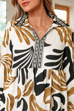 Brown Tropical Printed Contrast Trim Neck Long Sleeve Ruffle Hem Dress - MarkoFit