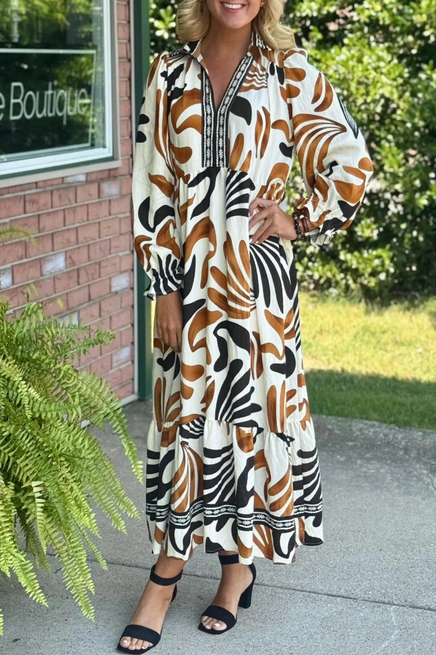 Brown Tropical Printed Contrast Trim Neck Long Sleeve Ruffle Hem Dress - MarkoFit