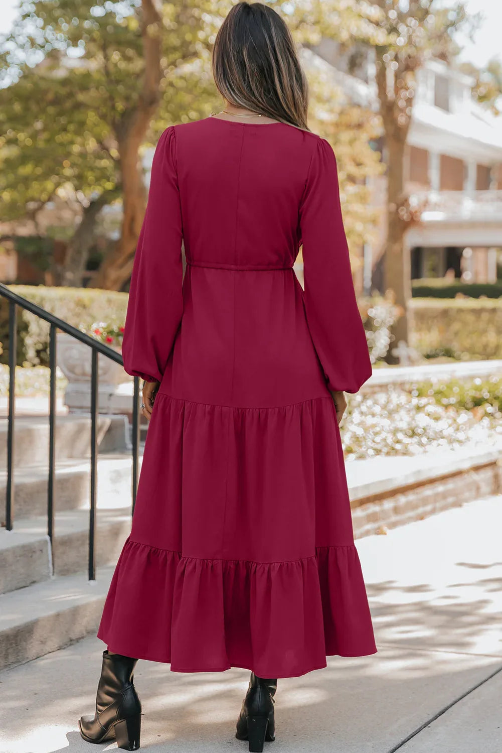 Burgundy Solid Long Sleeve Button V Neck Tiered Maxi Dress - MarkoFit