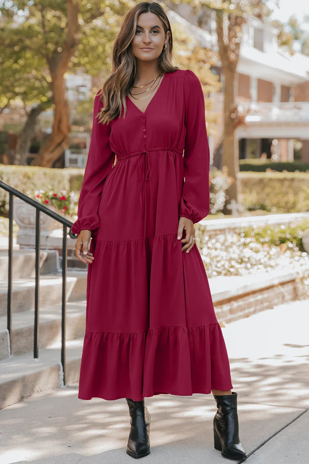 Burgundy Solid Long Sleeve Button V Neck Tiered Maxi Dress - MarkoFit