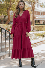 Burgundy Solid Long Sleeve Button V Neck Tiered Maxi Dress - MarkoFit