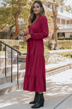 Burgundy Solid Long Sleeve Button V Neck Tiered Maxi Dress - MarkoFit