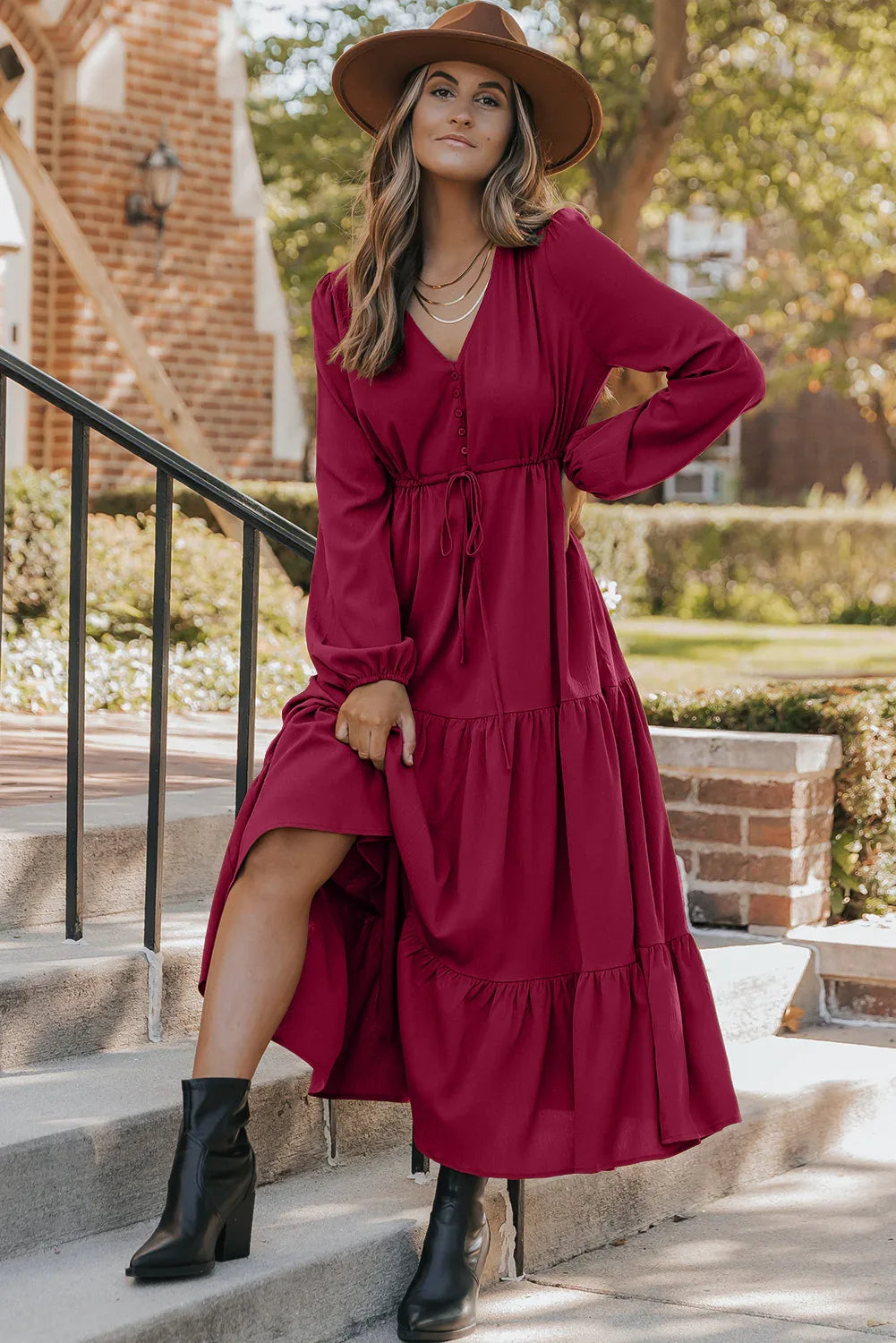 Burgundy Solid Long Sleeve Button V Neck Tiered Maxi Dress - MarkoFit