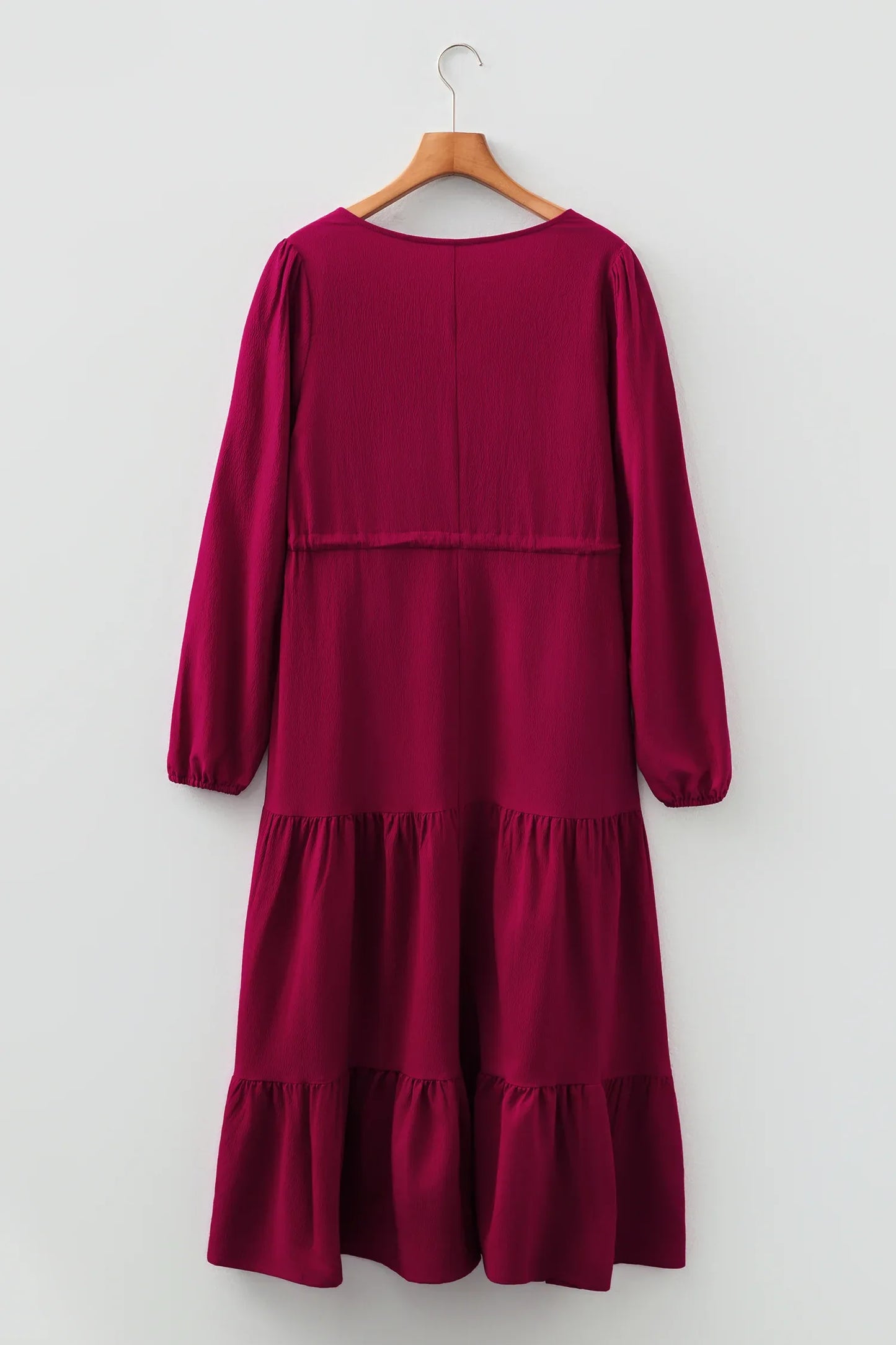 Burgundy Solid Long Sleeve Button V Neck Tiered Maxi Dress - MarkoFit