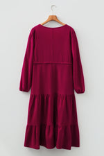 Burgundy Solid Long Sleeve Button V Neck Tiered Maxi Dress - MarkoFit