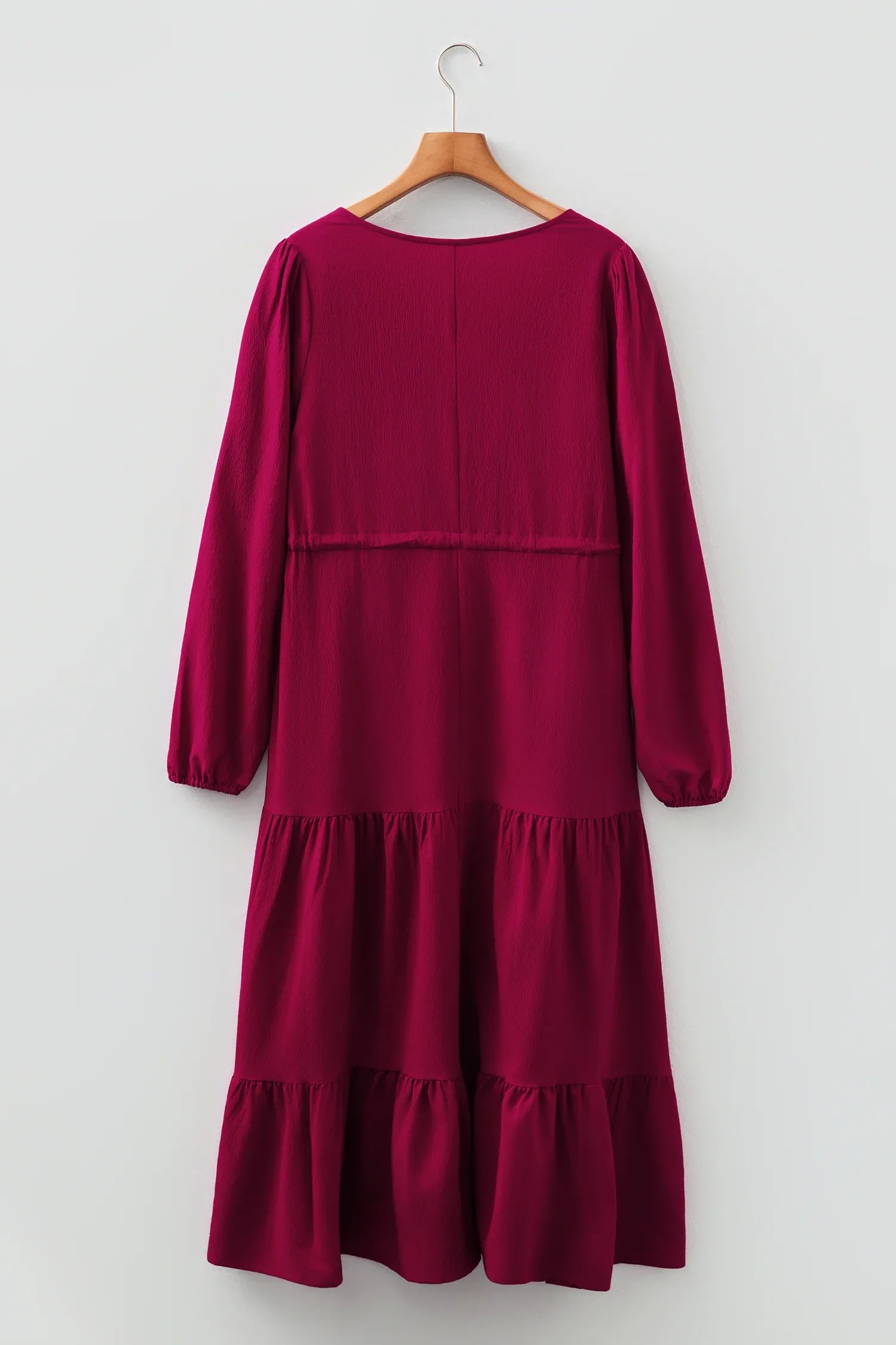 Burgundy Solid Long Sleeve Button V Neck Tiered Maxi Dress - MarkoFit