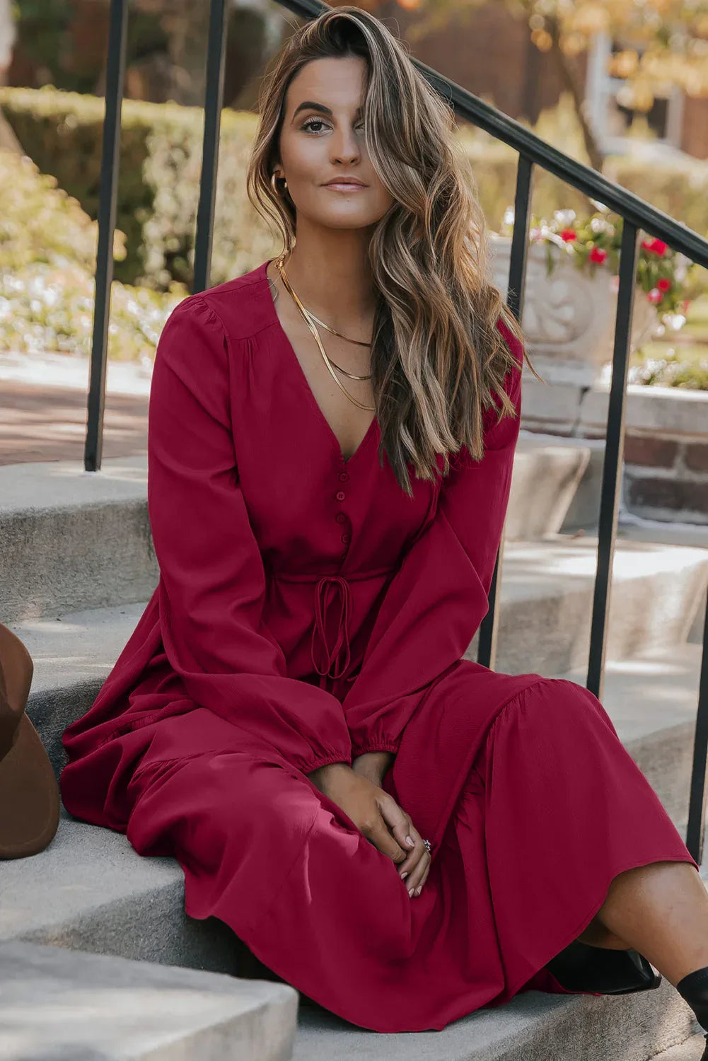 Burgundy Solid Long Sleeve Button V Neck Tiered Maxi Dress - MarkoFit