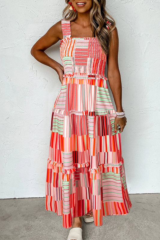 Carrot Mix Striped Wide Straps Smocked Tiered Maxi Dress - MarkoFit