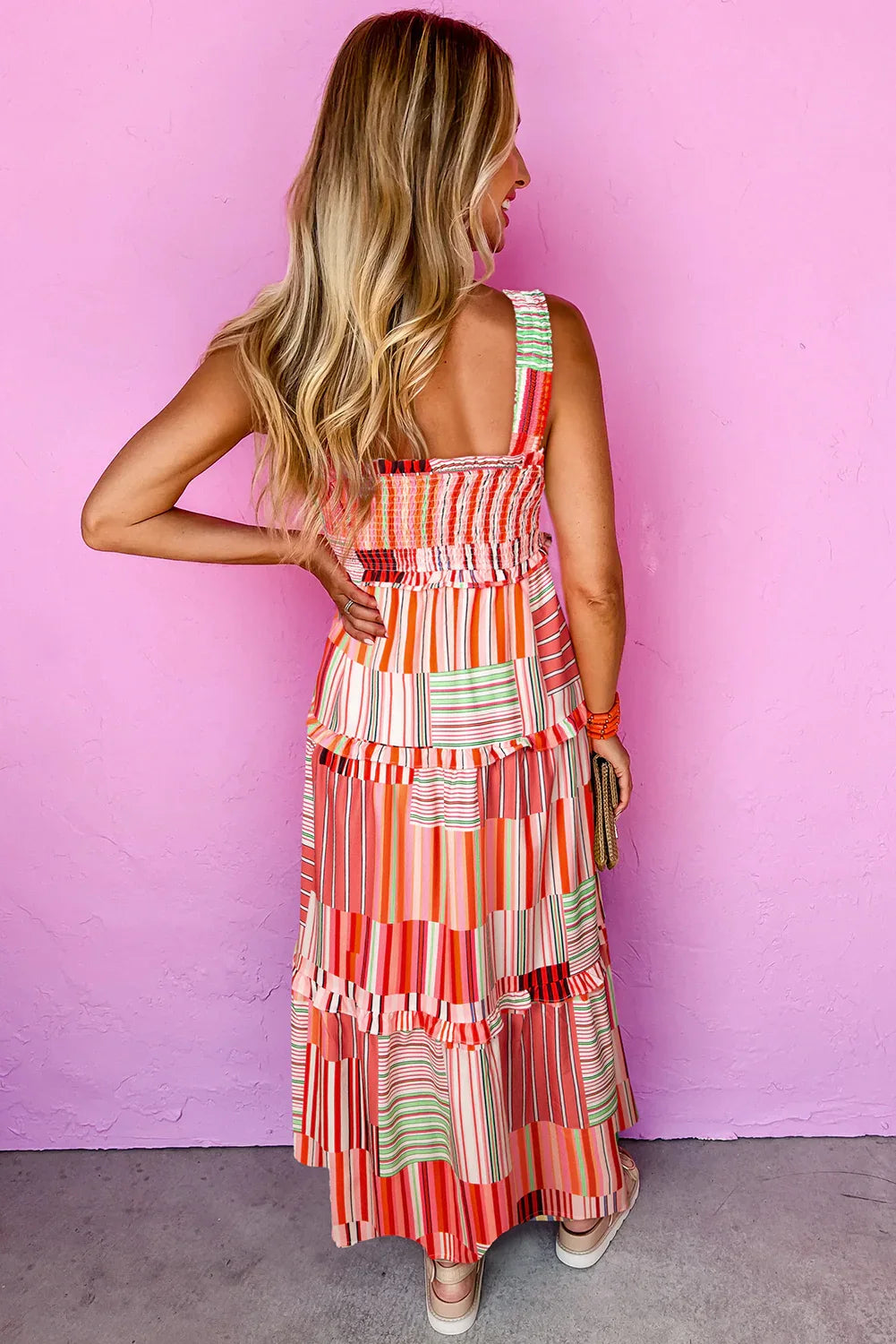 Carrot Mix Striped Wide Straps Smocked Tiered Maxi Dress - MarkoFit