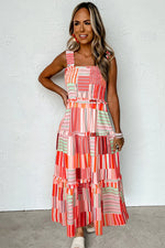 Carrot Mix Striped Wide Straps Smocked Tiered Maxi Dress - MarkoFit