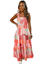 Carrot Mix Striped Wide Straps Smocked Tiered Maxi Dress - MarkoFit