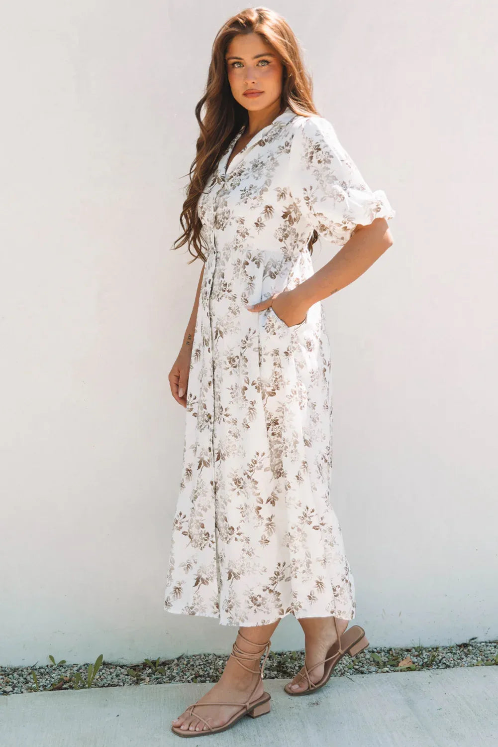 Khaki Floral Puff Sleeve V Neck Buttoned Front Maxi Dress - MarkoFit