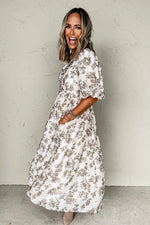Khaki Floral Puff Sleeve V Neck Buttoned Front Maxi Dress - MarkoFit