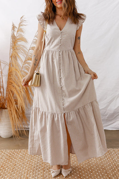 Khaki Stripe Flutter Sleeve Buttoned Front Slit Maxi Dress - MarkoFit