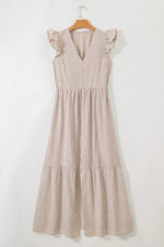 Khaki Stripe Flutter Sleeve Buttoned Front Slit Maxi Dress - MarkoFit