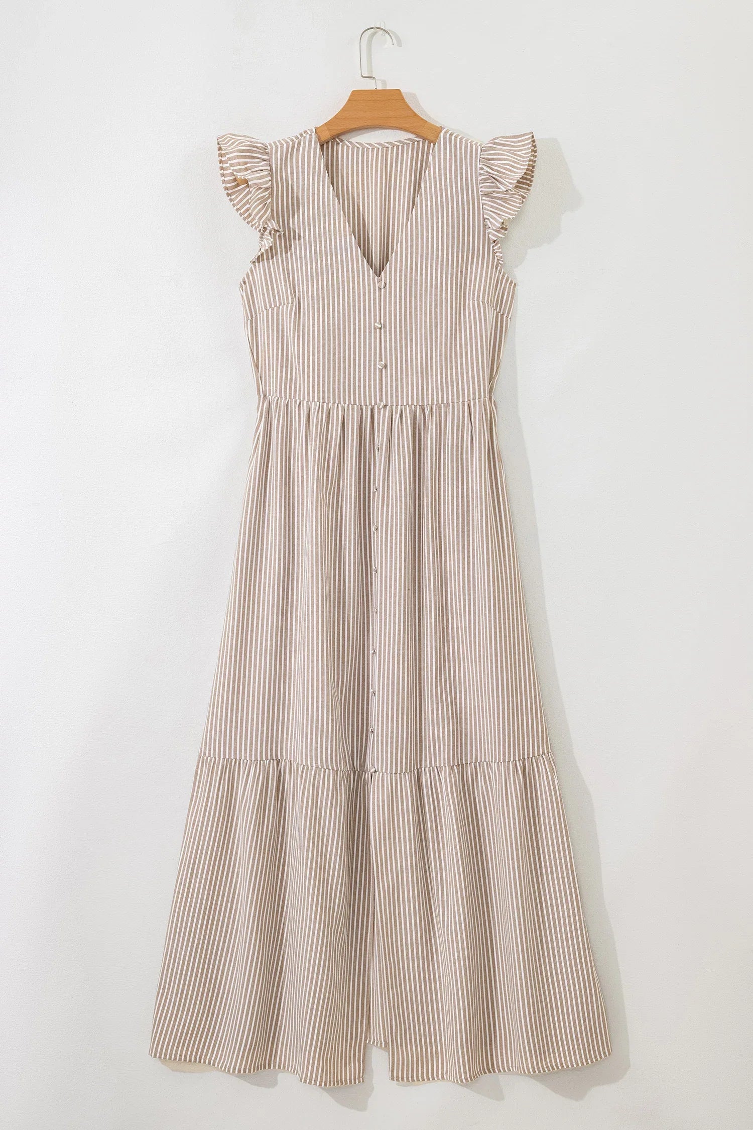 Khaki Stripe Flutter Sleeve Buttoned Front Slit Maxi Dress - MarkoFit