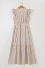 Khaki Stripe Flutter Sleeve Buttoned Front Slit Maxi Dress - MarkoFit