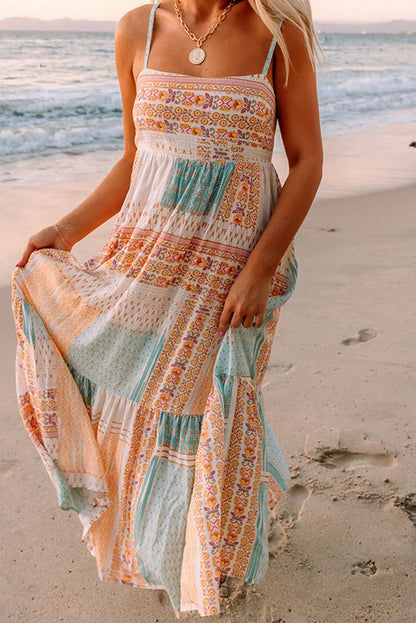 Multicolor Boho Patchwork Print Square Neck Sundress - MarkoFit