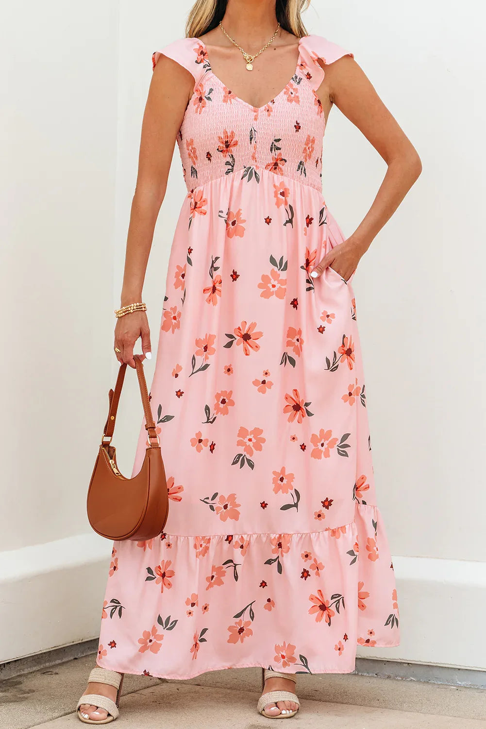 Pink Floral V Neck Smocked High Waist Ruffle Hem Long Dress - MarkoFit