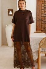 Red Sandalwood Floral Patchwork Short Sleeve T Shirt Loose Maxi Dress - MarkoFit