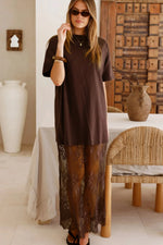 Red Sandalwood Floral Patchwork Short Sleeve T Shirt Loose Maxi Dress - MarkoFit