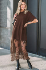 Red Sandalwood Floral Patchwork Short Sleeve T Shirt Loose Maxi Dress - MarkoFit